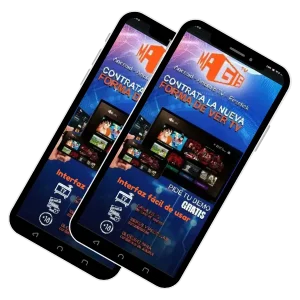 Dos teléfonos móviles mostrando la plataforma Magis TV con una interfaz visualmente atractiva, organizada y fácil de usar para ver televisión, películas y series en dispositivos Android y Firestick. Ideal para todo tipo de usuarios.