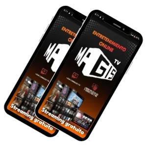 Dos teléfonos móviles mostrando la app Magis TV, una plataforma de entretenimiento en línea con más de 930 canales de televisión y películas gratis.