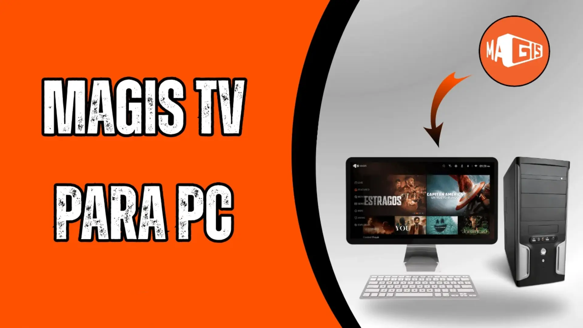 Imagen promocional de Magis TV para PC mostrando el proceso de instalación y la interfaz de usuario en pantalla de ordenador.