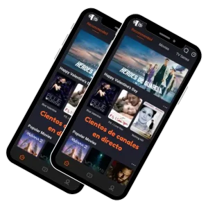 Dos teléfonos móviles mostrando la interfaz de Magis TV con acceso a cientos de canales en directo, películas populares y recomendaciones personalizadas para usuarios.